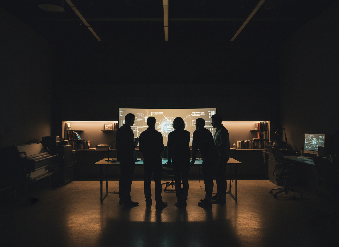 Behind the scenes of a high-end creative agency studio at night with gold accent lighting