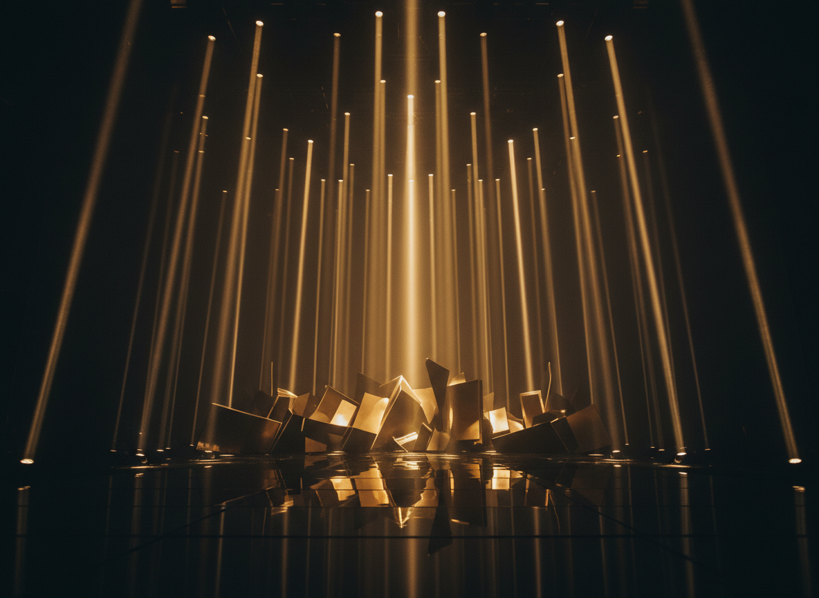 Cinematic ultra-premium abstract stage scene, dramatic gold spotlight beams cutting through deep charcoal black darkness